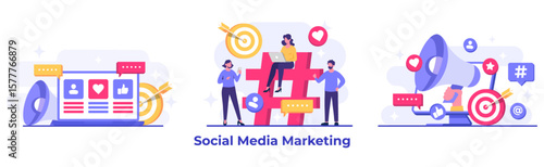 Set of social media marketing concepts flat vector illustration for landing page, web banner, mobile application, banner, business content strategy, web design, Digital marketing, online connection