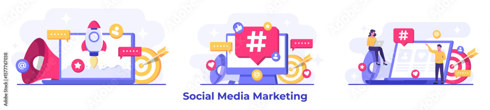 Obraz premium Set of social media marketing concepts flat vector illustration for landing page, web banner, mobile application, banner, business content strategy, web design, Digital marketing, online connection