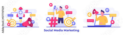 Set of social media marketing concepts flat vector illustration for landing page, web banner, mobile application, banner, business content strategy, web design, Digital marketing, online connection