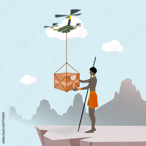 Delivery drone hovers in the sky above the mountains and drops package to a tribal man on the rocky hill at high altitude. Logistics concept conveys sense of futuristic delivery.