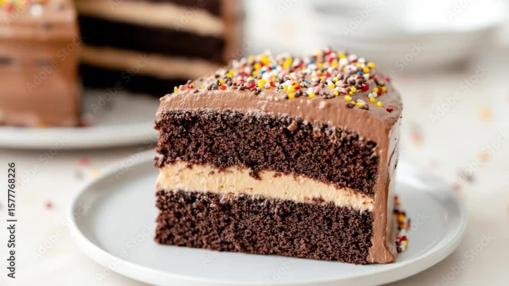 Chocolate Peanut Butter Cake Slice: A decadent slice of moist chocolate cake layered with creamy peanut butter frosting, topped with colorful sprinkles. A perfect dessert for any occasion. Chocolate Peanut Butter Cake Slice: A decadent slice of moist chocolate cake layered with creamy peanut butter frosting, topped with colorful sprinkles. A perfect dessert for any occasion.