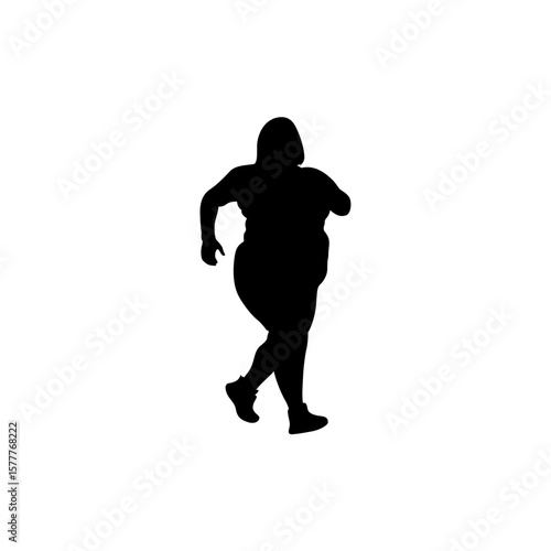 A bold, black silhouette of a plus-size woman running, suggesting a brisk walk or jog. Vector.