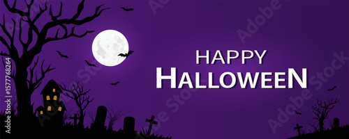 Halloween cemetery with bats, moon, scary trees and purple sky. Vector illustration for Halloween background. Holiday flyer, poster or banner.