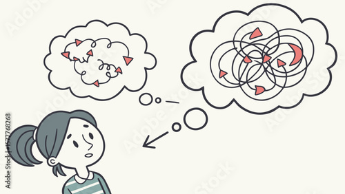 Girl thinking about complex problems and simple solutions isolated on white background