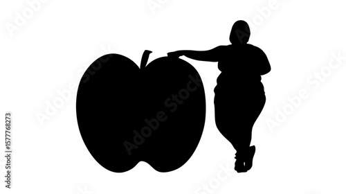 A simple, black silhouette of a woman with a noticeable figure next to a large apple. Vector.