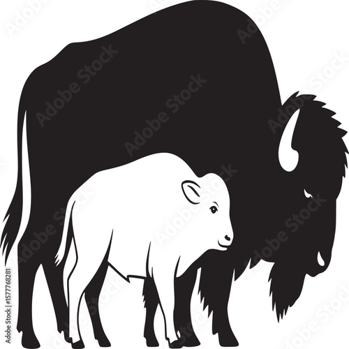 Bison family vector illustration: black and white buffalo with calf graphic design element art