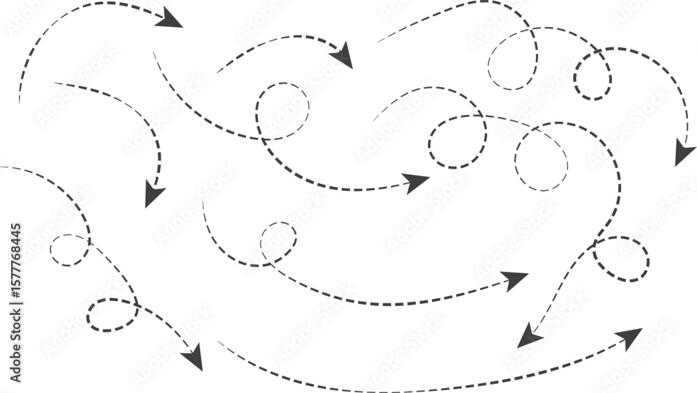 Fototapeta premium Hand drawn curve dotted line arrow set. Spiral dotted line arrow. Seamless pattern of continuous wavy lines. Abstract black lines wave curve motion. Wave ornament pattern.