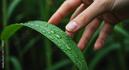 A hand gently touches a vibrant green leaf covered in glistening water droplets.