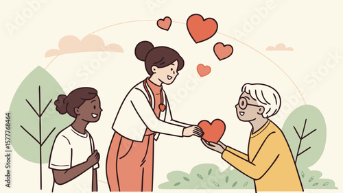 Caring doctor gives heart to elderly patient with young person nearby isolated on white background