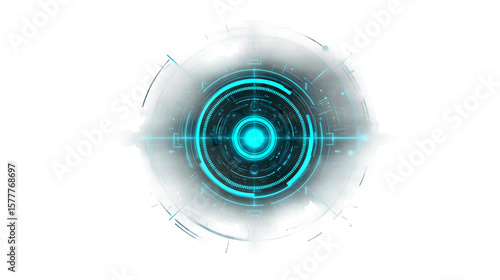 Glowing blue circular element shows layered geometric shapes on a transparent background.