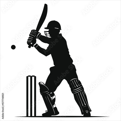 Powerful Cricket Player in Action Vector Silhouette/A dynamic silhouette of a cricket player in the midst of a powerful batting action.