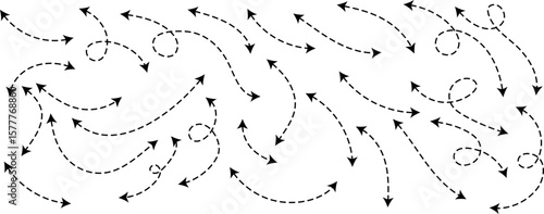 Curve dotted line arrow double side set. Zigzag arrow stripes design with dotted lines. curved hand drawn arrows. Sketch dashed arrows design
