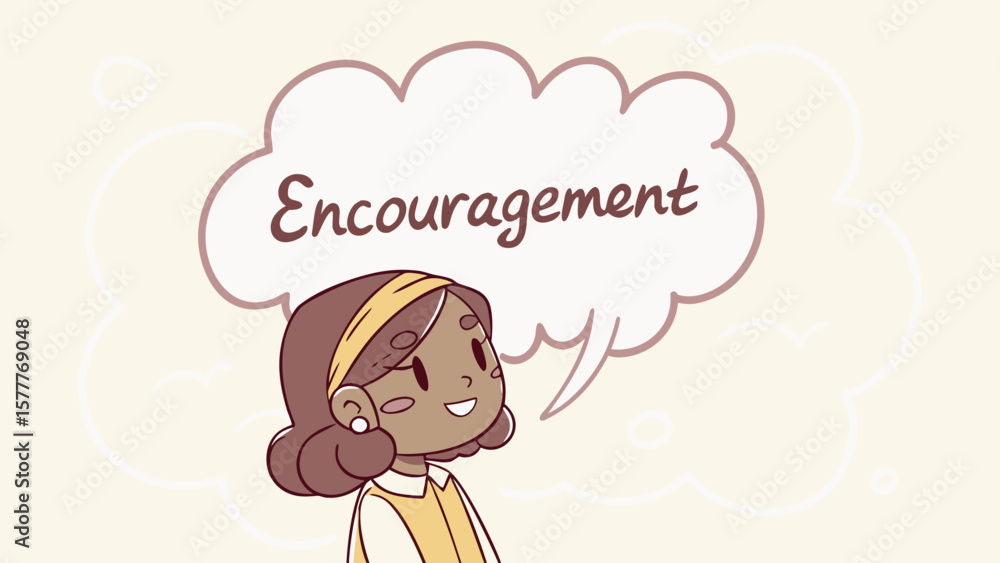 Happy cartoon girl with a thought bubble saying encouragement isolated on white background Happy cartoon girl with a thought bubble saying encouragement isolated on white background
