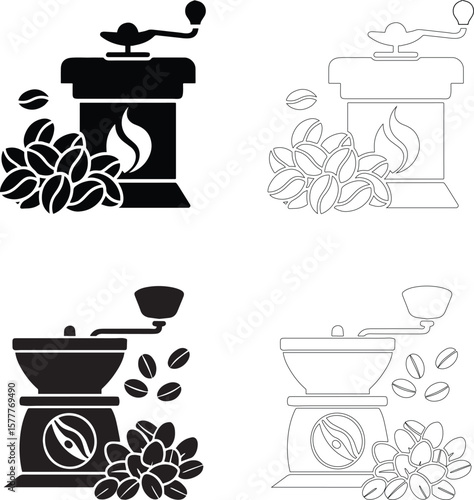 Wallpaper Mural coffee day coffee grinder icon set with solid and outline silhouettes and coffee bean clusters Torontodigital.ca