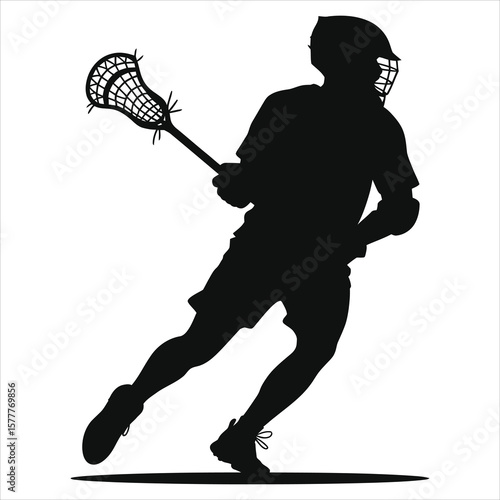Dynamic Lacrosse Player Vector Silhouette in Action/A bold, black silhouette of a lacrosse player in mid-action, holding a lacrosse stick.