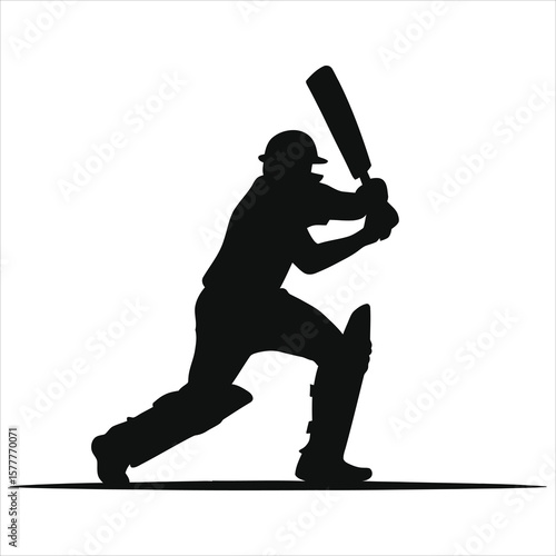 Vector Silhouette of a Cricket Player in Action/A dynamic silhouette of a cricket player in the midst of a batting action.