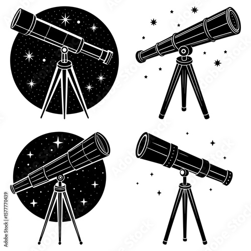 A collection of four telescopes on tripods with stars and a black circle background in black and white