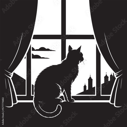 Black cat silhouette sitting on window sill looking out at cityscape drawing illustration graphic art