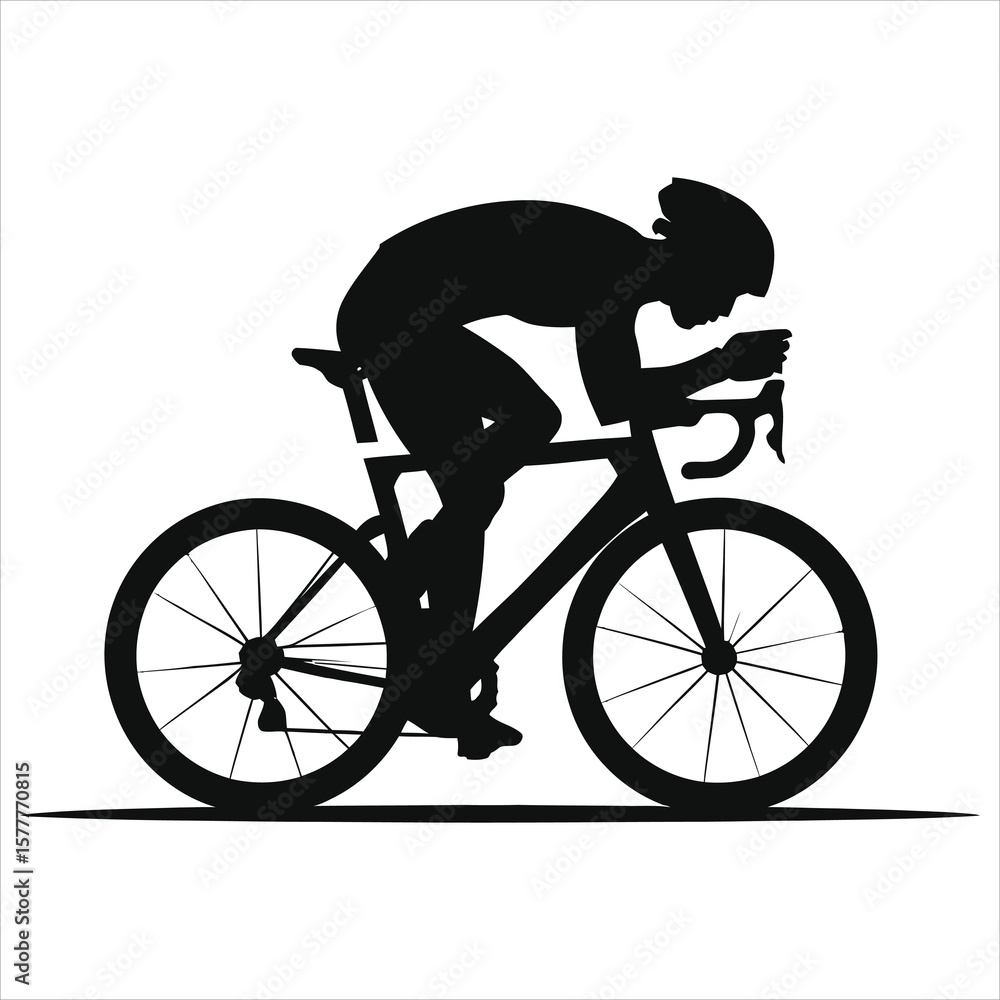 Fototapeta premium Vector Silhouette of a cyclist in a focused racing position./A bold, black silhouette of a cyclist in a dynamic racing posture on a road bike.