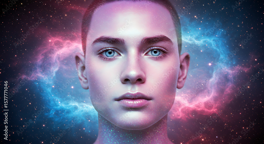 A young man's face is centered against a cosmic background of stars and nebulas. A young man's face is centered against a cosmic background of stars and nebulas.