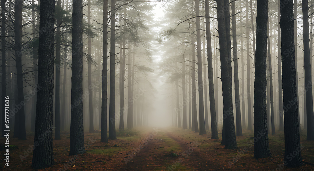 Naklejka premium Mystical Foggy Forest Path with Tall Pine Trees