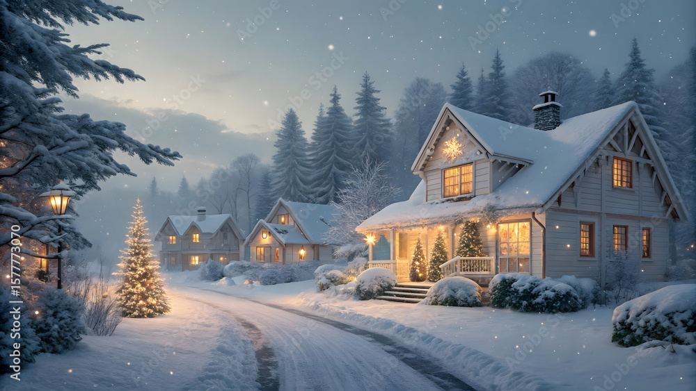 Fototapeta premium Winter snowy mountain landscape with house surrounded by forest and trees under blue sky