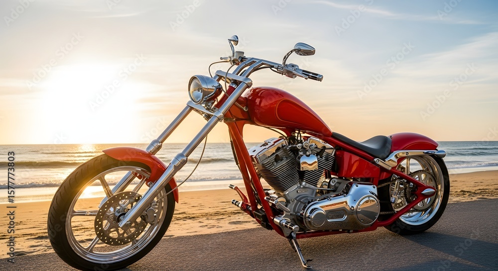 Obraz premium Red Chopper Motorcycle on Beach at Sunset Stock Photo