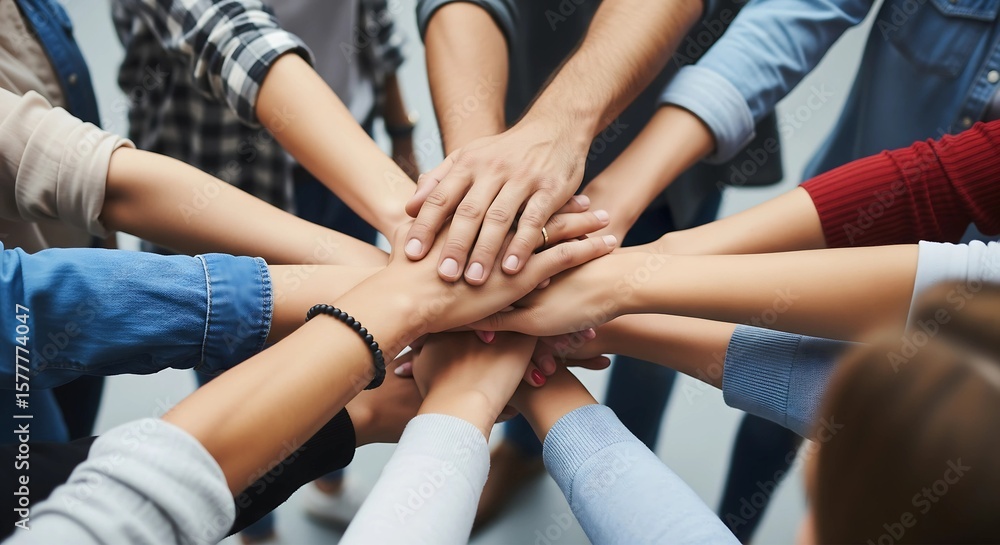 Fototapeta premium Diverse Group of Hands Stacked Together - Teamwork and Unity - Community and Collaboration