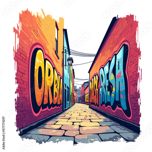 Urban alley with colorful graffiti and cobblestone pavement  