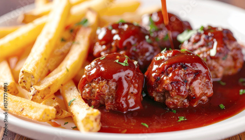 Meatballs drizzled with rich sauce, served with fries. AI