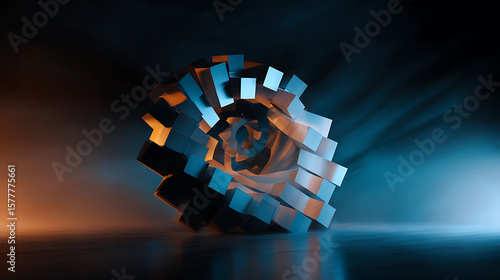 A swirling cube formation is illuminated by blue and orange light in a dark environment