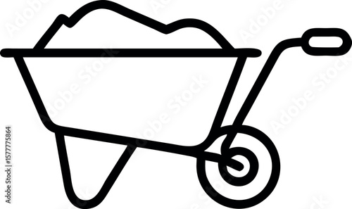 Outline wheelbarrow filled with material shows simple tool for carrying on transparent background