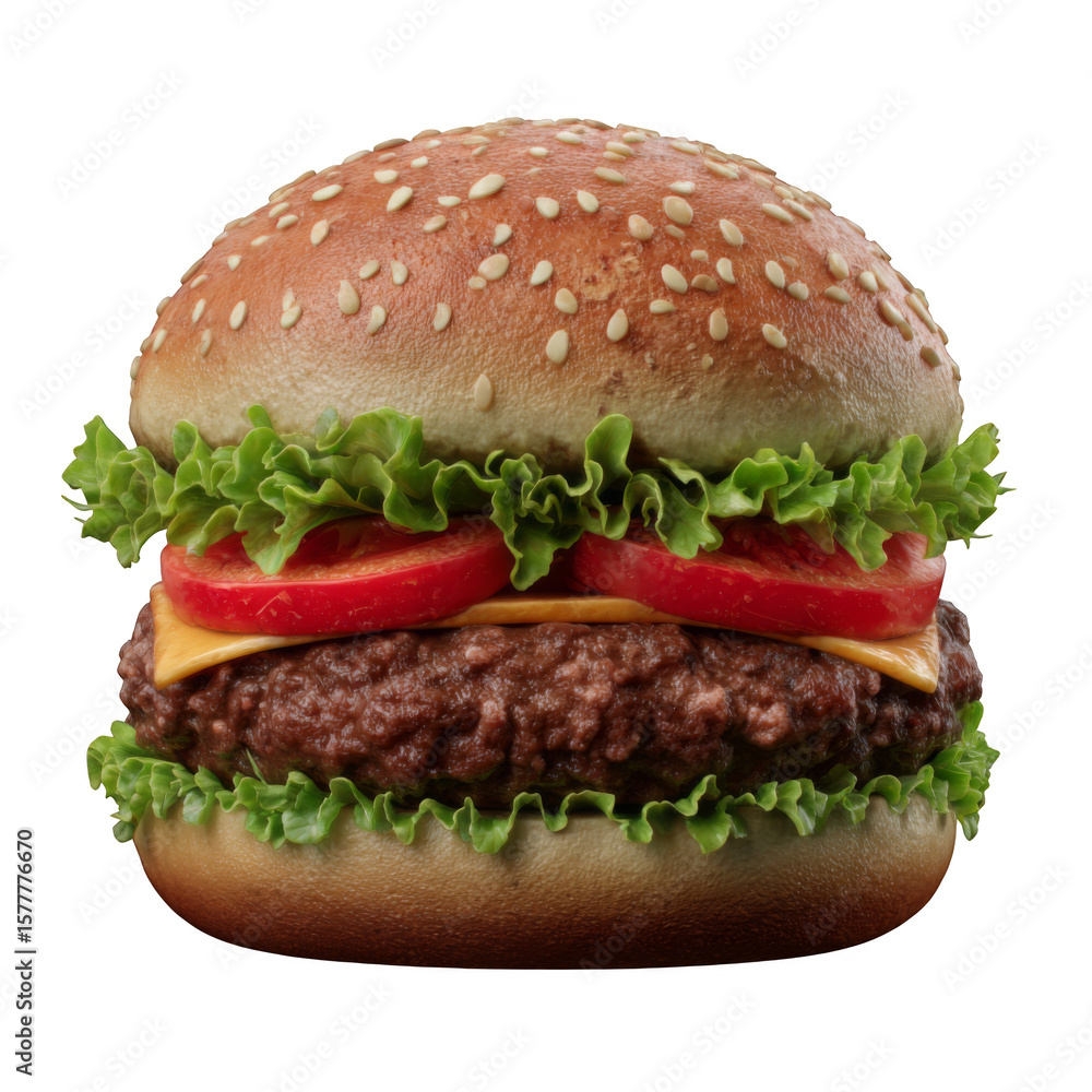 Freshly Made Hamburger with Lettuce, Tomato, Beef Patty, and Cheese on a Sesame Seed Bun Freshly Made Hamburger with Lettuce, Tomato, Beef Patty, and Cheese on a Sesame Seed Bun