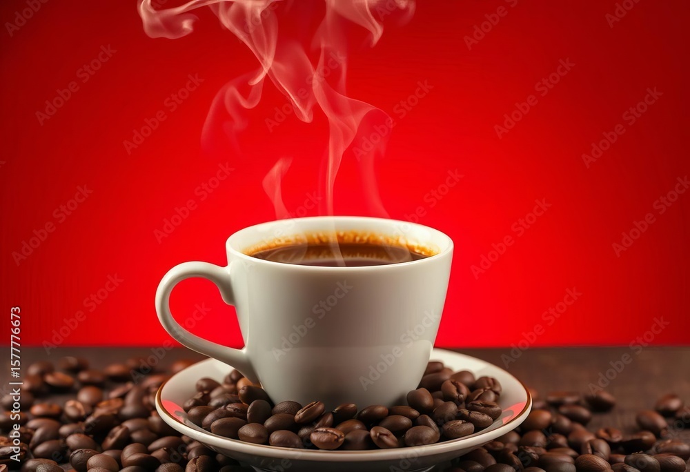 Fototapeta premium Warm coffee, steam rising, saucer, beans, red gradient background, energy, graphic