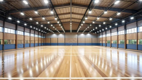 Spacious Indoor Sports Arena Featuring Sleek Wooden Flooring and Bright Ambient Lighting for Various Activities