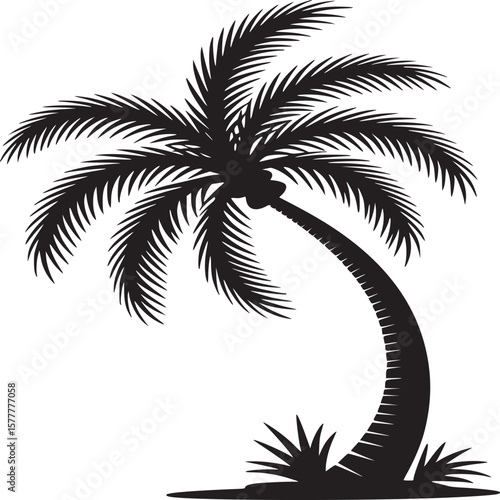 Black palm tree silhouette, tropical icon, curved palm tree, white background