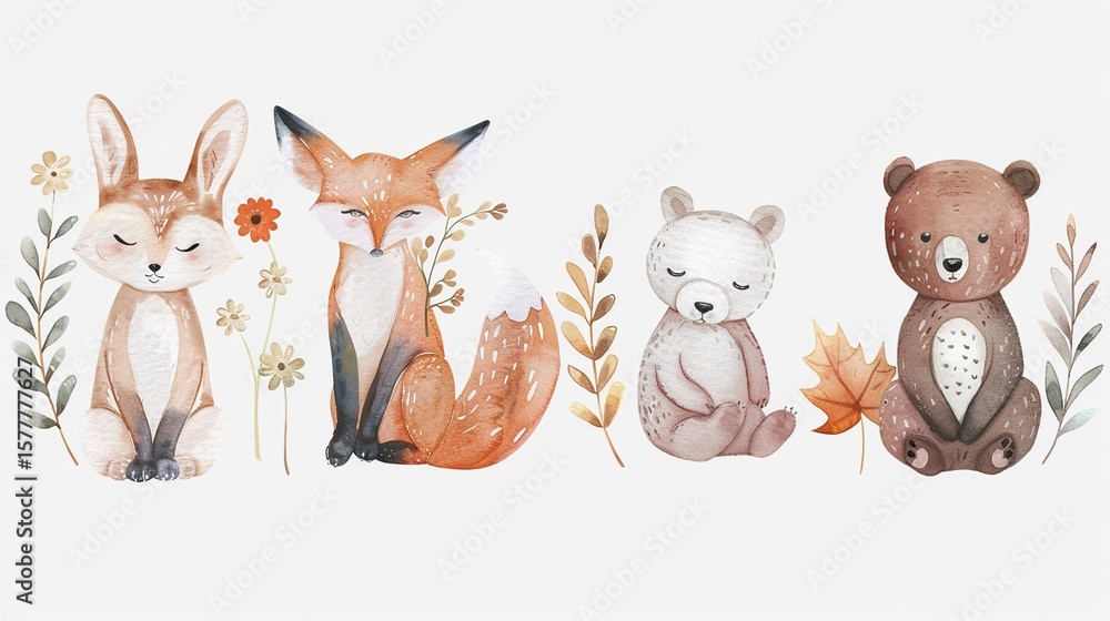 Fototapeta premium Four season-themed animals in soft watercolor (spring bunny, summer fox, autumn bear, winter owl) with minimalist details, perfect for nature education.
