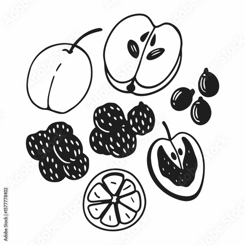 Hand-drawn dried fruits mix illustration, monochrome, for healthy eating blogs