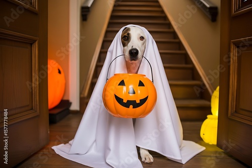 Halloween Dog in Ghost Costume with Pumpkin Bucket