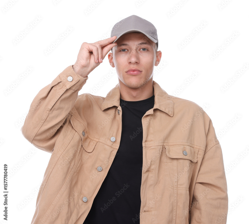 Young man wearing stylish grey baseball hat on white background Young man wearing stylish grey baseball hat on white background