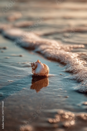 Wallpaper Mural Single Seashell on Wet Sand at Shoreline – Golden Hour Light with Dreamy Reflections and Vintage Film Aesthetic Torontodigital.ca
