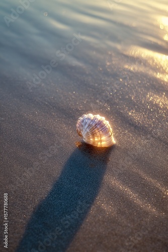 Wallpaper Mural Single Seashell on Wet Sand at Shoreline – Golden Hour Light with Dreamy Reflections and Vintage Film Aesthetic Torontodigital.ca