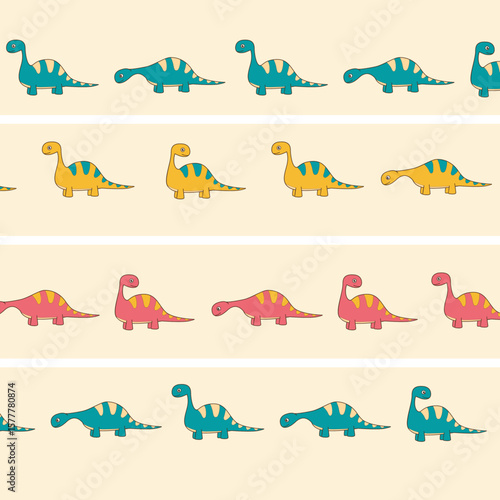 colorful seamless pattern vector cartoon design of brontosaurus dinosaur for fullprint fabric kids apparel