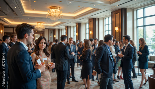 A group of elegantly dressed professionals happily mingle and network at a formal business event or reception, holding drinks