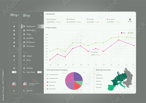 Modern Admin Dashboard UI Kit – Dark Mode Sales Analytics Panel in Vector Format