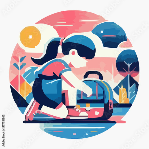 Young girl kneeling and unpacking backpack in sunny outdoor setting  