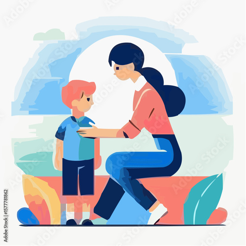 Child Icon: Woman comforting young boy in colorful outdoor setting  
