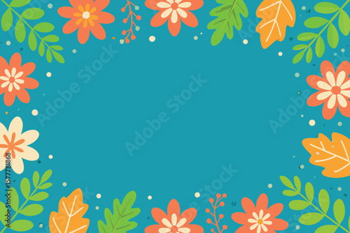 Autumn floral border design with colorful leaves and flowers on a teal background