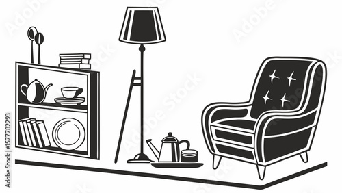 Illustration of a living room scene with a bookcase lamp armchair and tea set for a cozy interior vreated with genrated ai