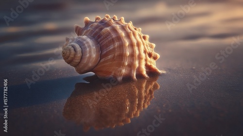 Wallpaper Mural Seashell on Wet Sand in Golden Hour Light – Dreamy Reflections and Vintage Film Style Minimalist Seascape Torontodigital.ca